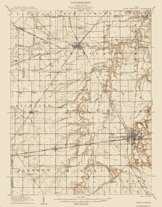 Topographical Map - Upper Sandusky Ohio Quad - USGS 1907 - 23 x 29.38 - Vintage Wall Art