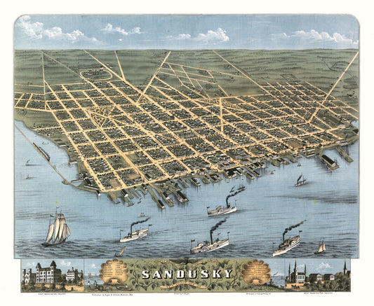 Historic Panoramic View - Sandusky Ohio -Stoner 1870 - 28.08 x 23 - Vintage Wall Art