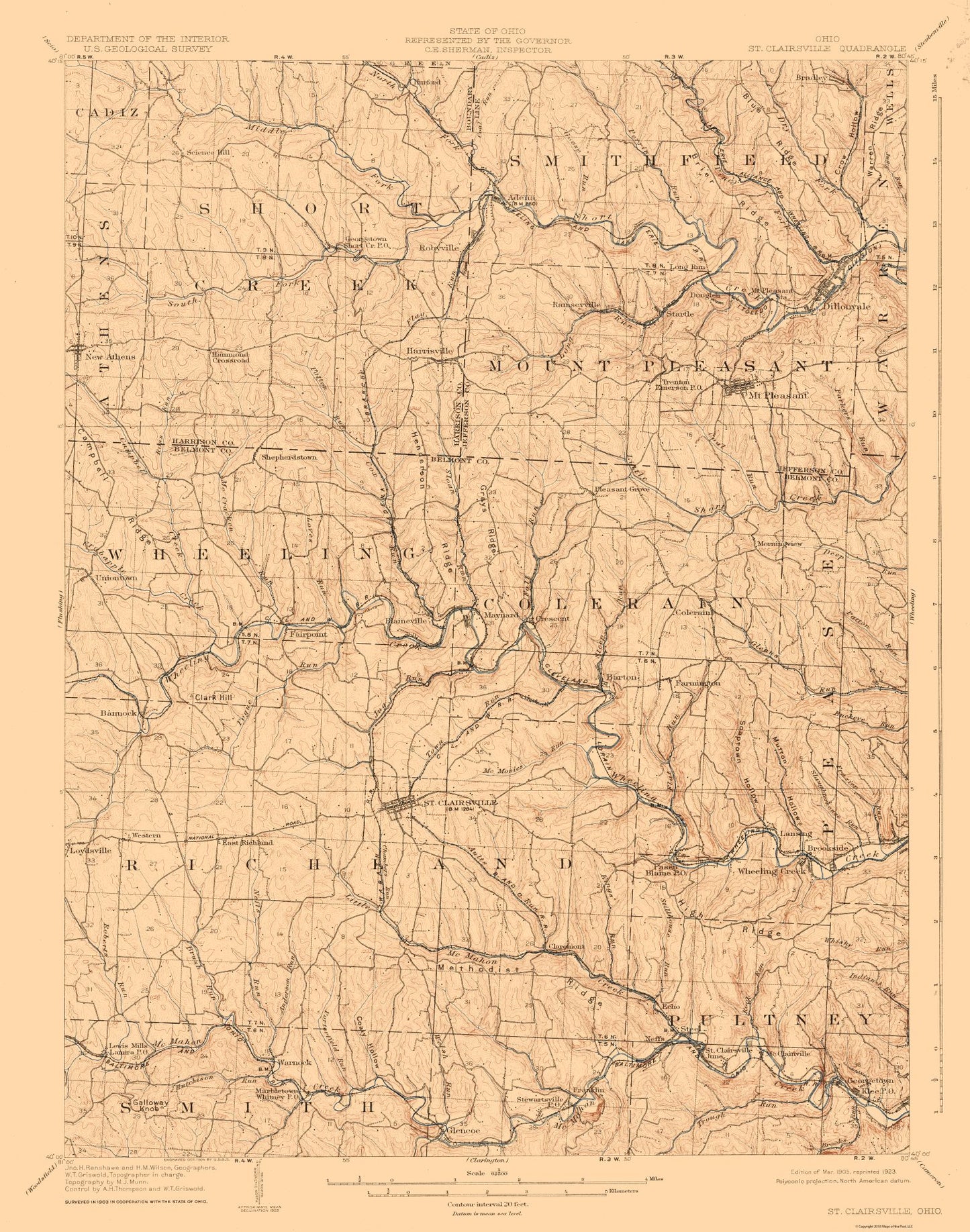 Topographical Map - St Clairsville Ohio Quad - USGS 1905 - 23 x 29.22 - Vintage Wall Art