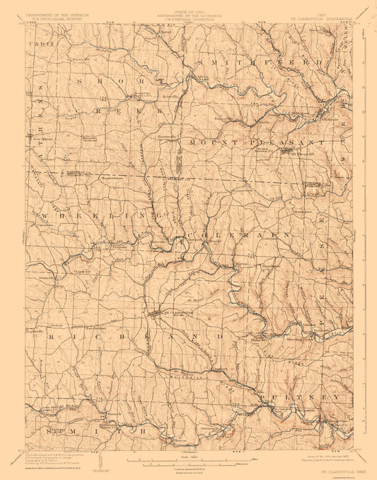 Topographical Map - St Clairsville Ohio Quad - USGS 1905 - 23 x 29.22 - Vintage Wall Art