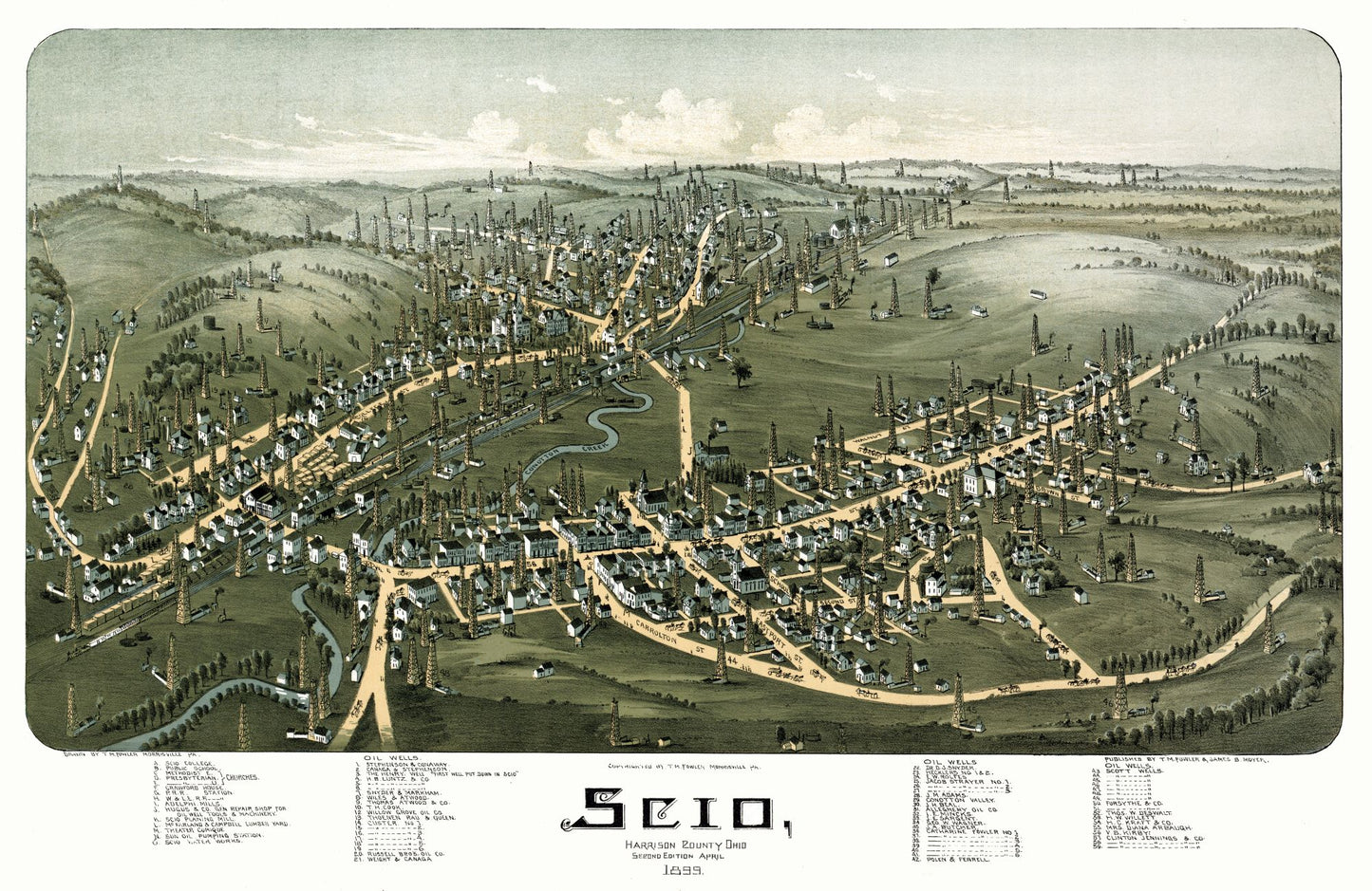 Historic Panoramic View - Scio Ohio - Fowler 1899 - 35.38 x 23 - Vintage Wall Art