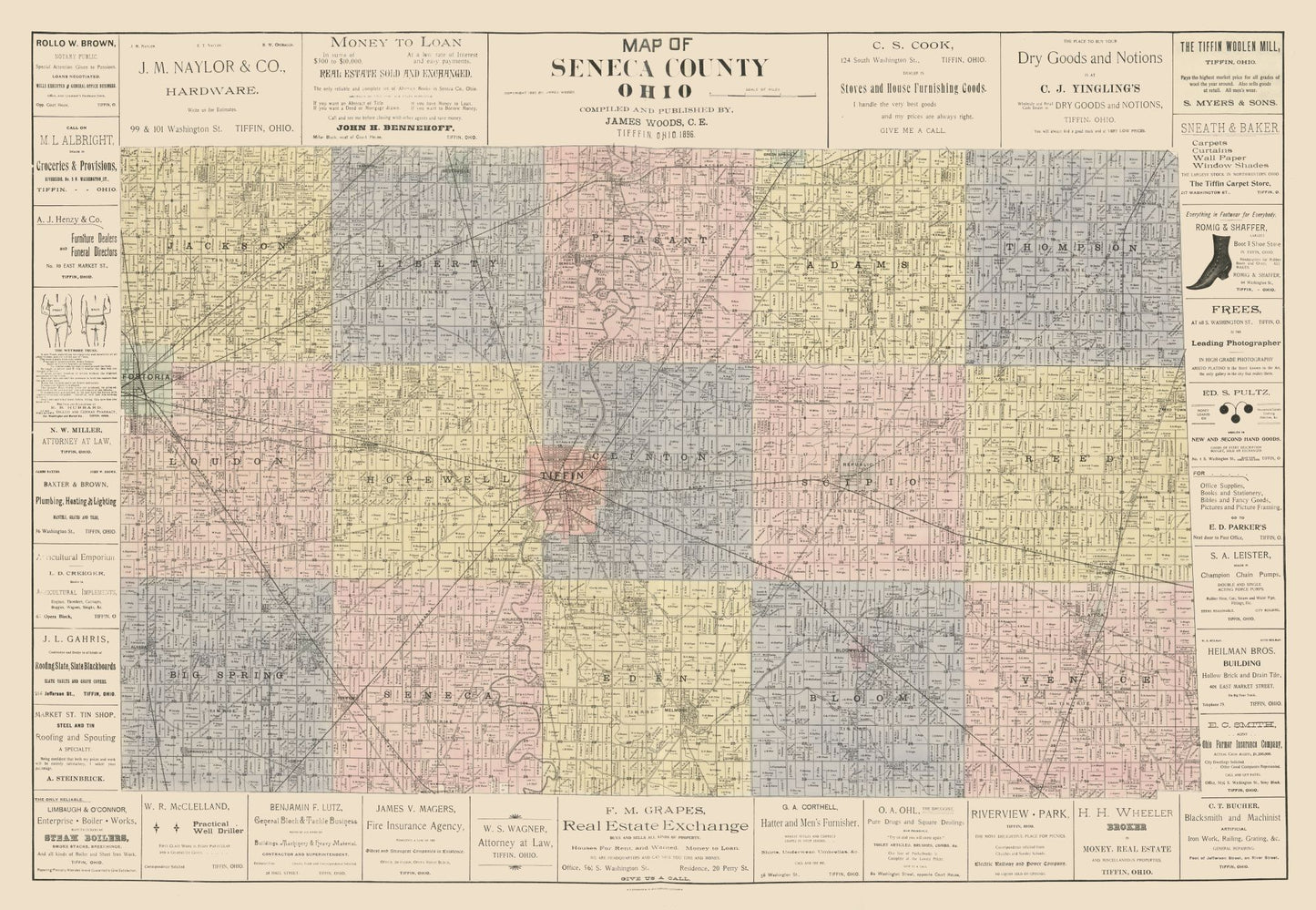 Historic County Map - Seneca County Ohio - Woods 1896 - 33.26 x 23 - Vintage Wall Art