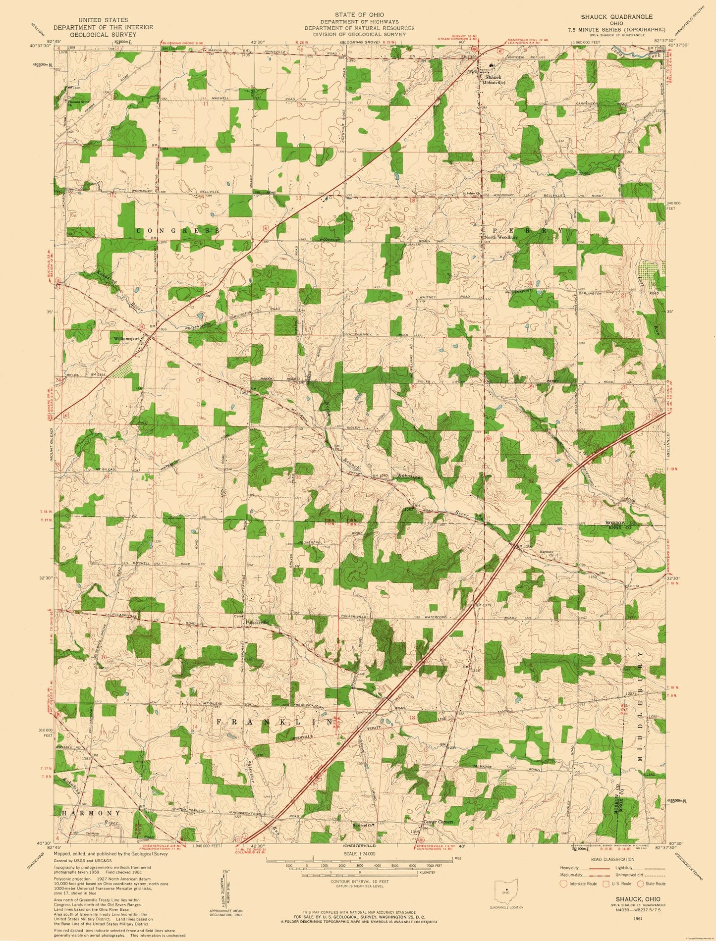 Topographical Map - Shauck Ohio Quad - USGS 1961 - 23 x 30.25 - Vintage Wall Art