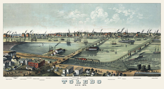 Historic Panoramic View - Toledo Ohio - Stoner 1876 - 42.56 x 23 - Vintage Wall Art