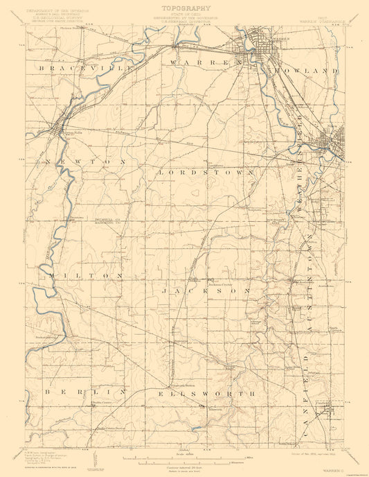 Topographical Map - Warren Ohio Quad - USGS 1908 - 23 x 29.68 - Vintage Wall Art