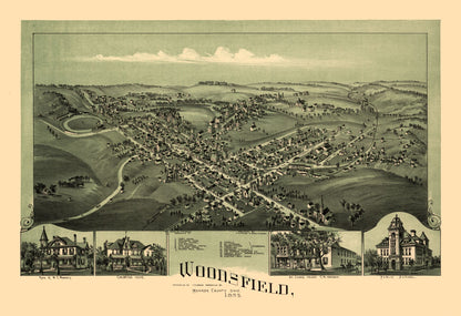 Historic Panoramic View - Woodsfield Ohio - Fowler 1899 - 33.55 x 23 - Vintage Wall Art