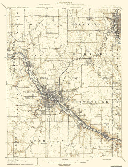 Topographical Map - Youngstown Pennsylvania Ohio Quad - USGS 1908 - 23 x 30.07 - Vintage Wall Art