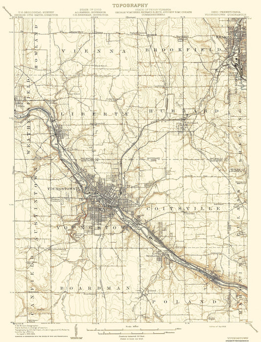 Topographical Map - Youngstown Pennsylvania Ohio Quad - USGS 1908 - 23 x 30.07 - Vintage Wall Art