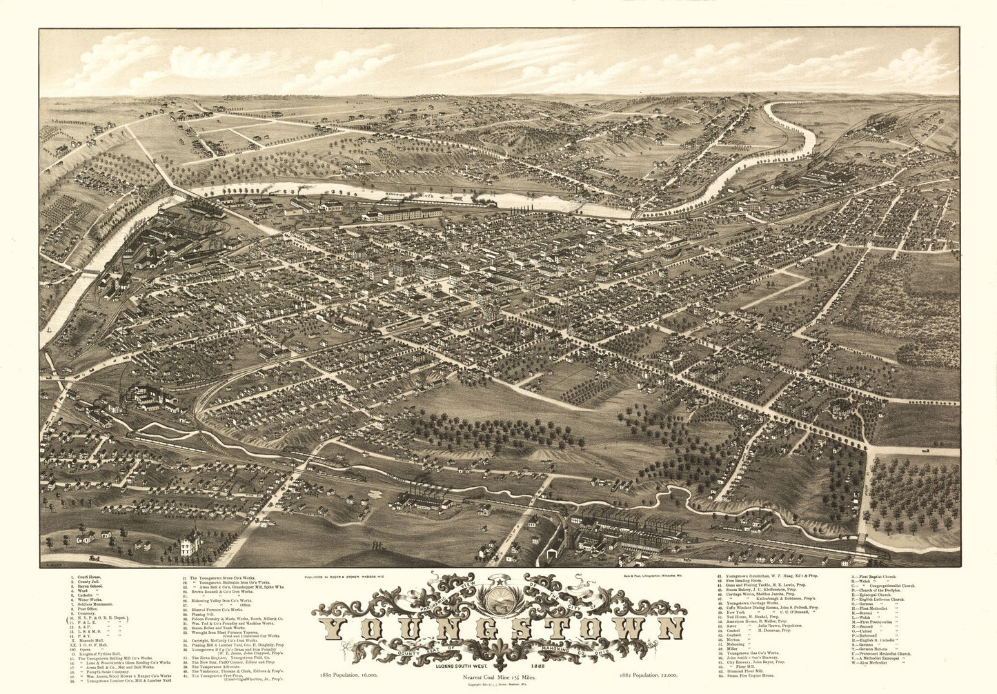 Historic Panoramic View - Youngstown Ohio - Stoner 1882 - 33.03 x 23 - Vintage Wall Art