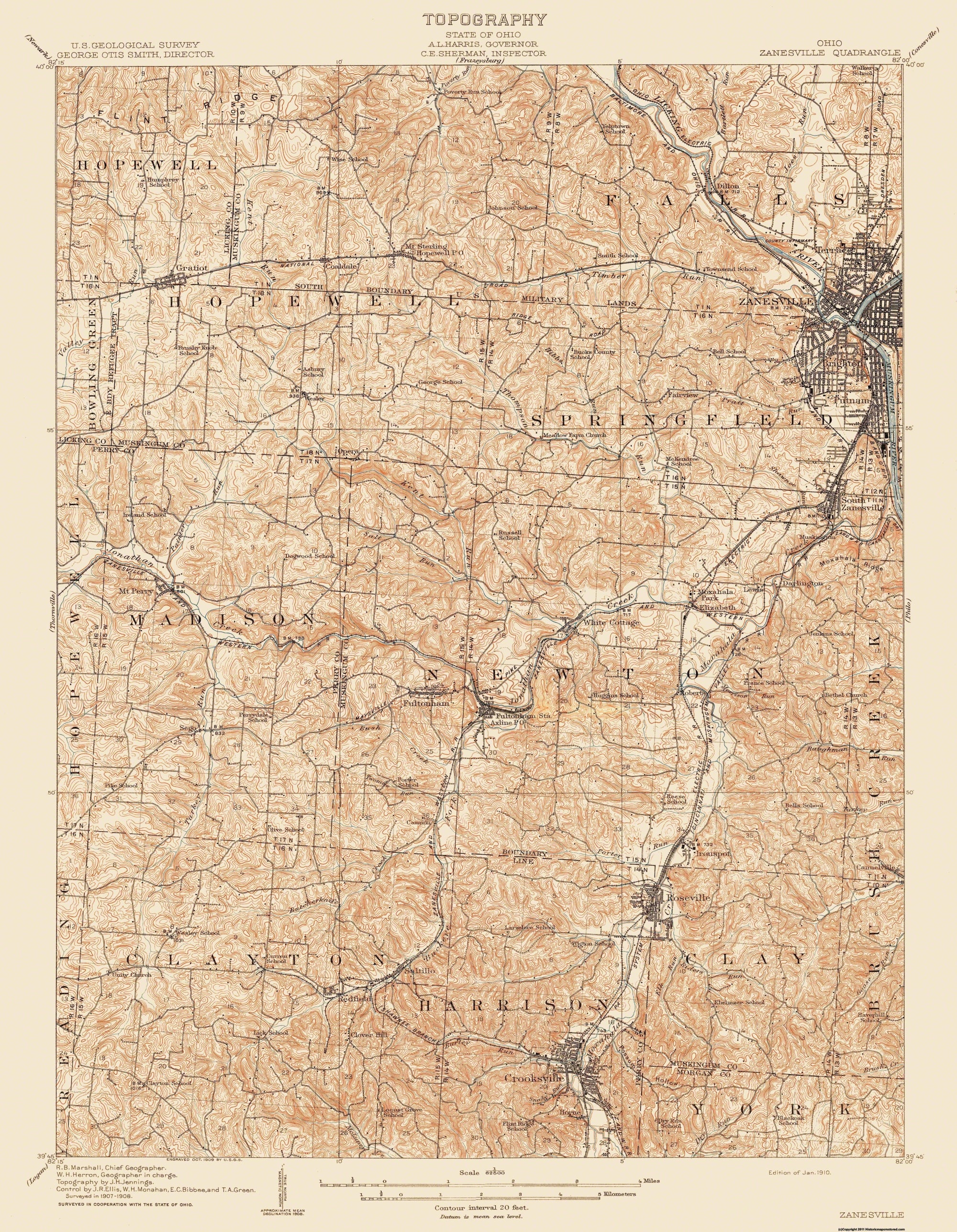 Topographical Map - Zanesville Ohio Quad - USGS 1910 - 23 x 29.56 - Vi ...