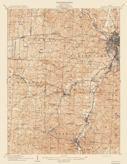 Topographical Map - Zanesville Ohio Quad - USGS 1910 - 23 x 29.56 - Vintage Wall Art