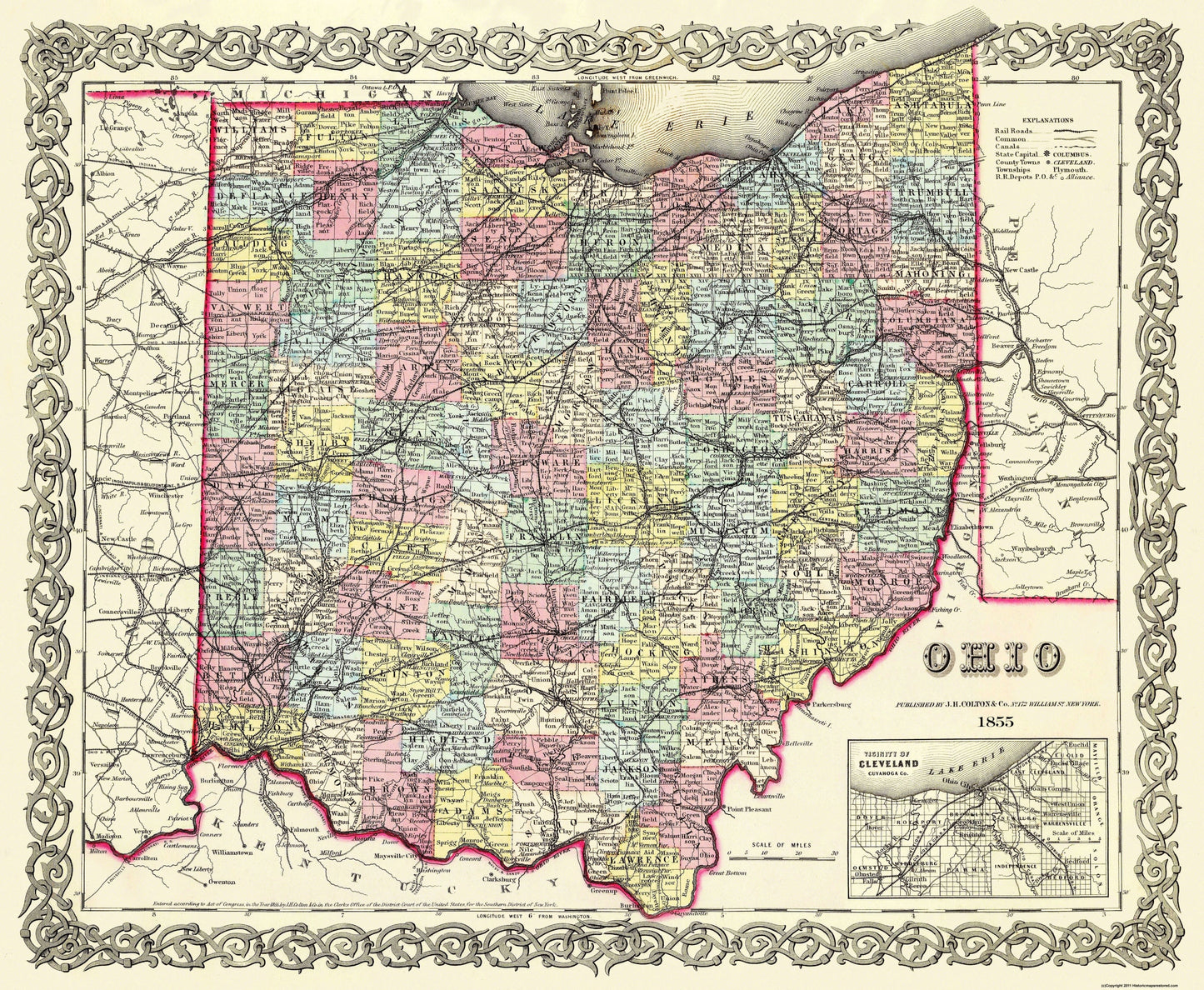 Historic State Map - Ohio - Colton 1855 - 28 x 23 - Vintage Wall Art