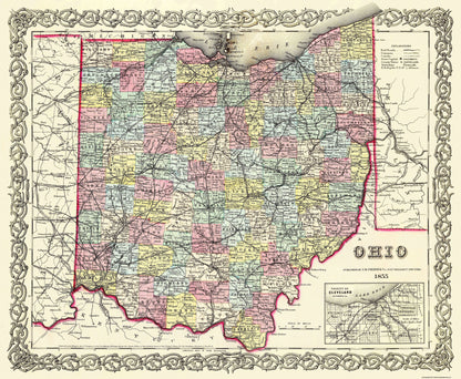 Historic State Map - Ohio - Colton 1855 - 28 x 23 - Vintage Wall Art