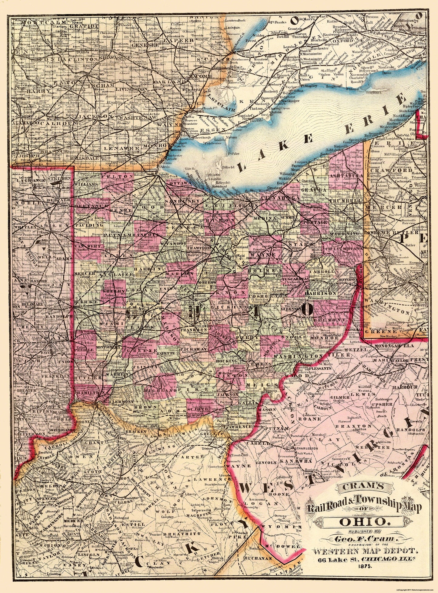 Railroad Map - Ohio Railroads Townships - Cram 1875 - 23 x 31.13 - Vintage Wall Art