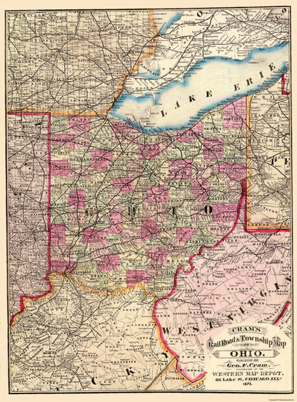 Railroad Map - Ohio Railroads Townships - Cram 1875 - 23 x 31.13 - Vintage Wall Art