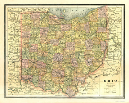 Historic State Map - Ohio - Cram 1886 - 23 x 28.79 - Vintage Wall Art