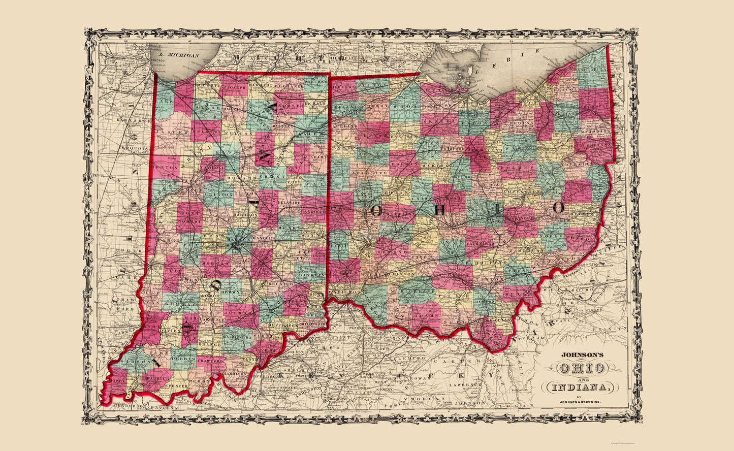 Historic State Map - Ohio Indiana - Johnson 1860 - 23 x 37.44 - Vintage Wall Art