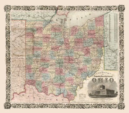 Historic State Map - Ohio - Colton 1851 - 26.26 x 23 - Vintage Wall Art