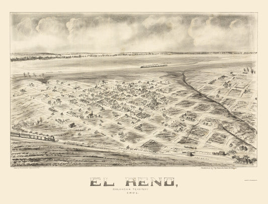 Historic Panoramic View - El Reno Oklahoma - Fowler 1891 - 23 x 30.12 - Vintage Wall Art