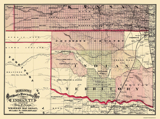 Historic State Map - Oklahoma Indian Territory - Cram 1875 - 31 x 23 - Vintage Wall Art