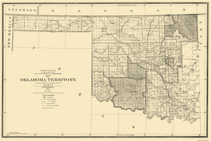 Historic State Map - Oklahoma Arapahoe Territory - King 1894 - 34.25 x 23 - Vintage Wall Art