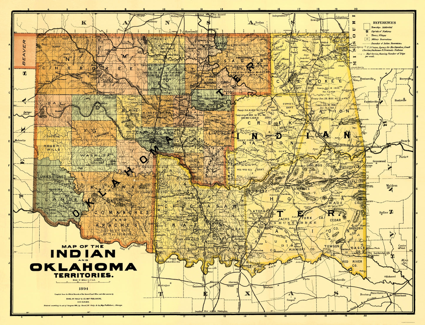 Historic State Map - Oklahoma Indian Territory - Rand McNally 1894 - 23 x 30.06 - Vintage Wall Art