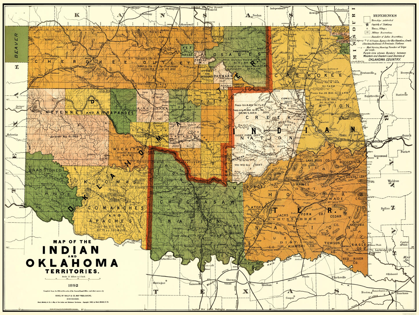 Historic State Map - Oklahoma Indian Territory - Rand McNally 1892 - 23 x 30.59 - Vintage Wall Art