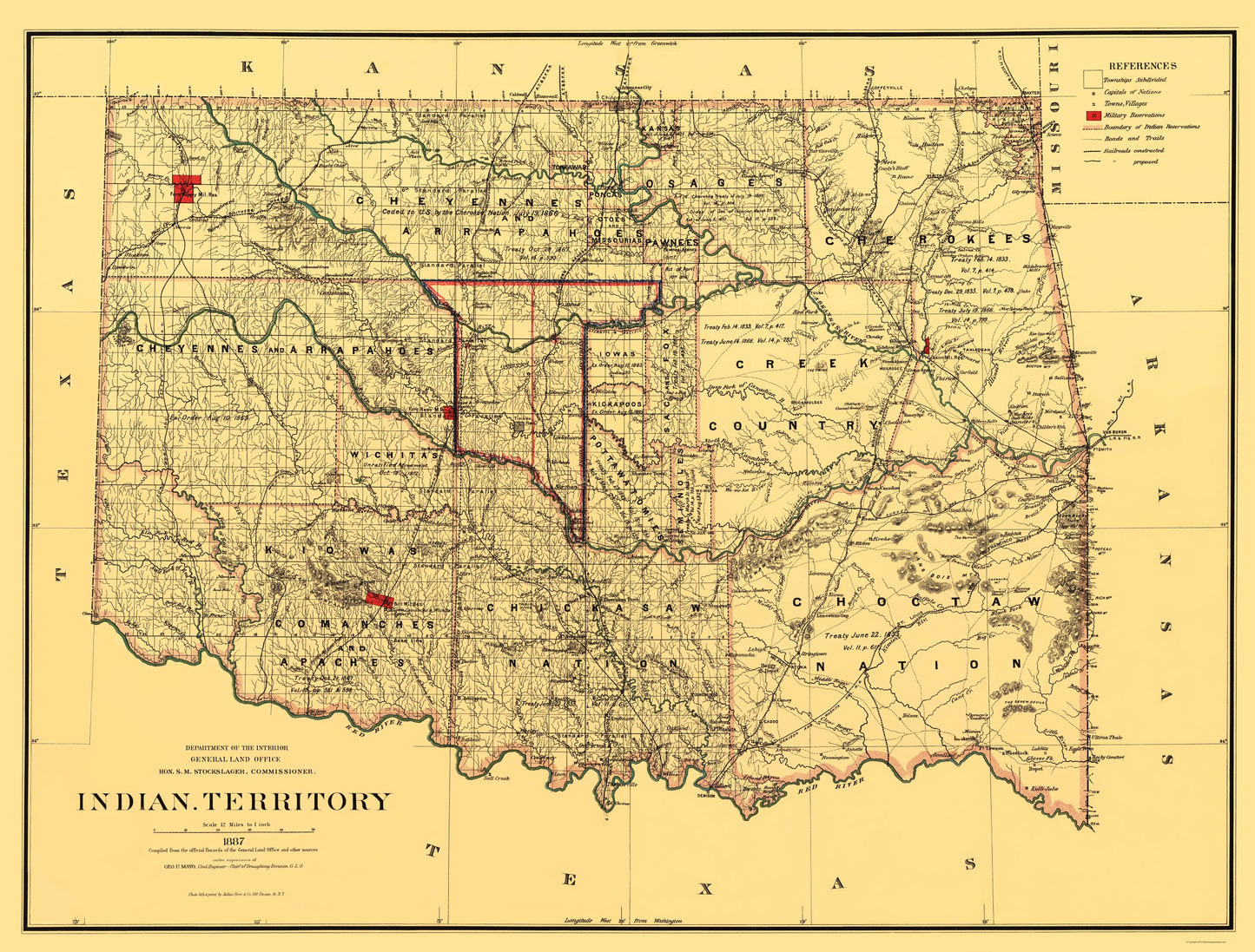 Historic State Map - Oklahoma Indian Territory - Bien 1887 - 23 x 30.29 - Vintage Wall Art