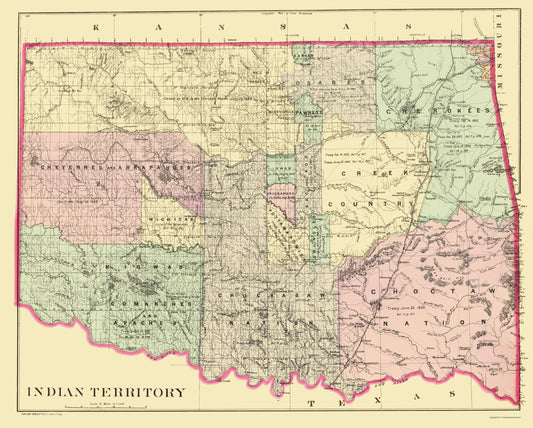 Historic State Map - Oklahoma Indian Territory - Bradley 1887 - 23 x 28.63 - Vintage Wall Art