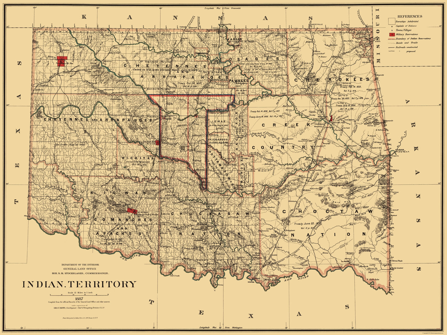 Historic State Map - Oklahoma Indian Territory - Stockslager 1887 - 23 x 30.69 - Vintage Wall Art