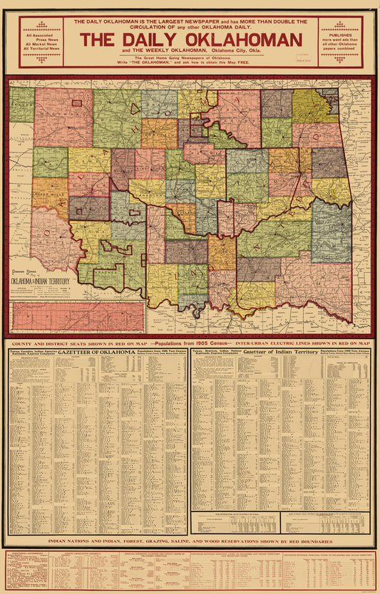 Historic State Map - Oklahoma Indian Territory - Geographical Pub 1905 - 23 x 35.48 - Vintage Wall Art