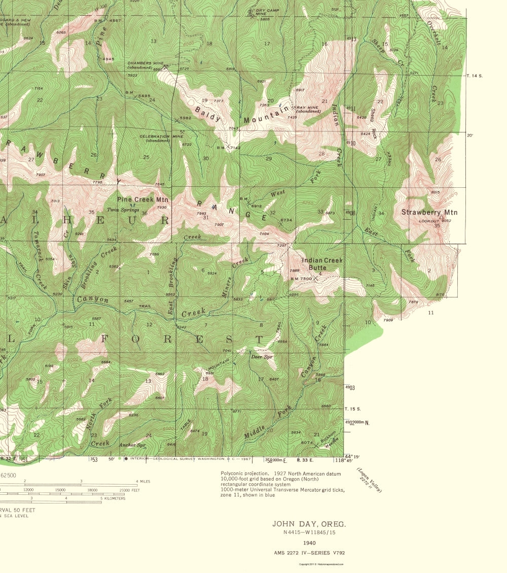 Topographical Map - John Day Oregon Quad - USGS 1967 - 23 x 25.98 - Vintage Wall Art