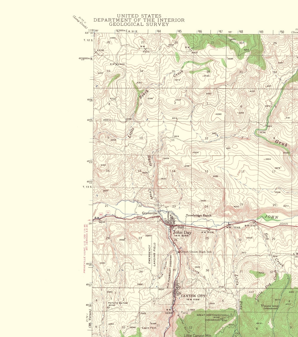 Topographical Map - John Day Oregon Quad - USGS 1967 - 23 x 25.98 - Vintage Wall Art