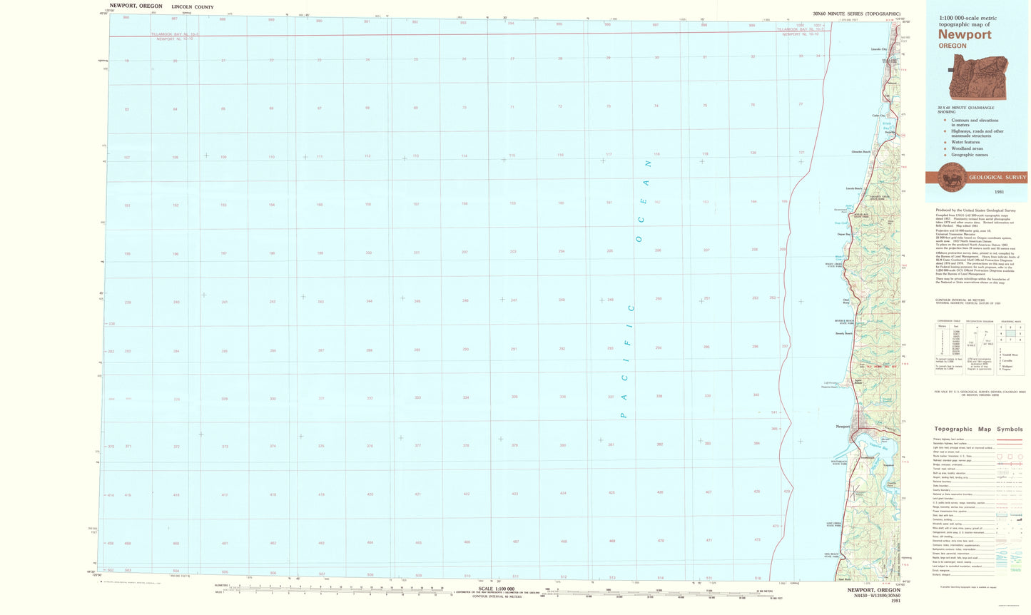 Topographical Map - Newport Oregon Quad - USGS 1981 - 23 x 38.58 - Vintage Wall Art