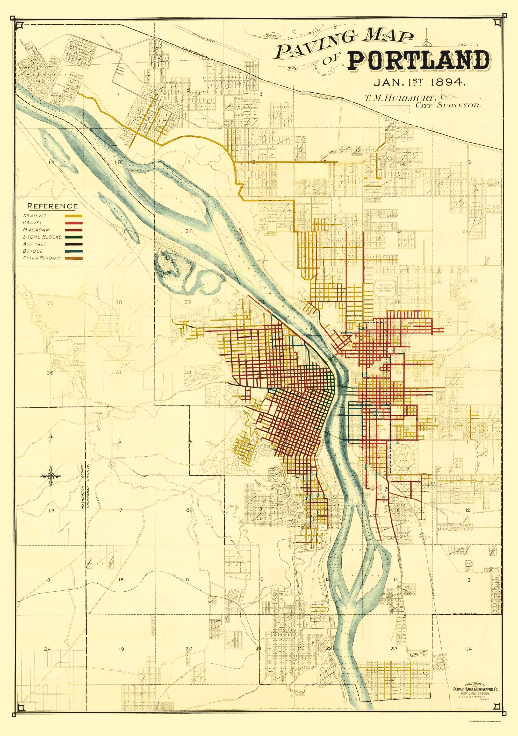 Portland Maps Historic City Map - Portland Oregon Paving - Schmidt 1894 - 23 x 32.66 ...