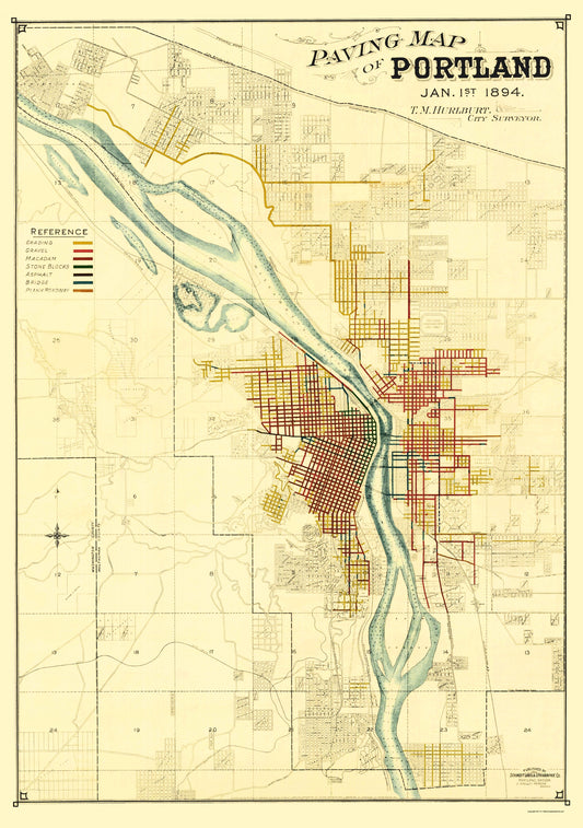 Historic City Map - Portland Oregon Paving - Schmidt 1894 - 23 x 32.66 - Vintage Wall Art