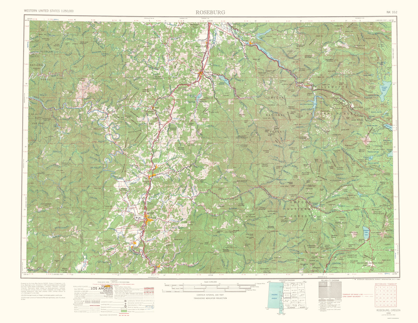 Topographical Map - Roseburg Oregon Quad - USGS 1967 - 23 x 29.77 - Vintage Wall Art