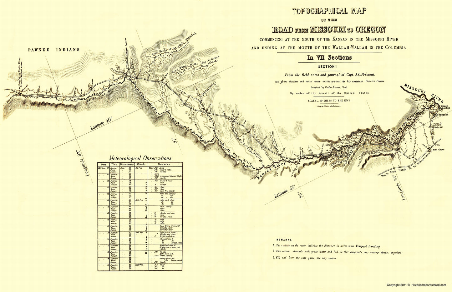 Topographical Map - Oregon Trail Kansas 1 of 7 - Fremont 1846 - 23 x 35.55 - Vintage Wall Art