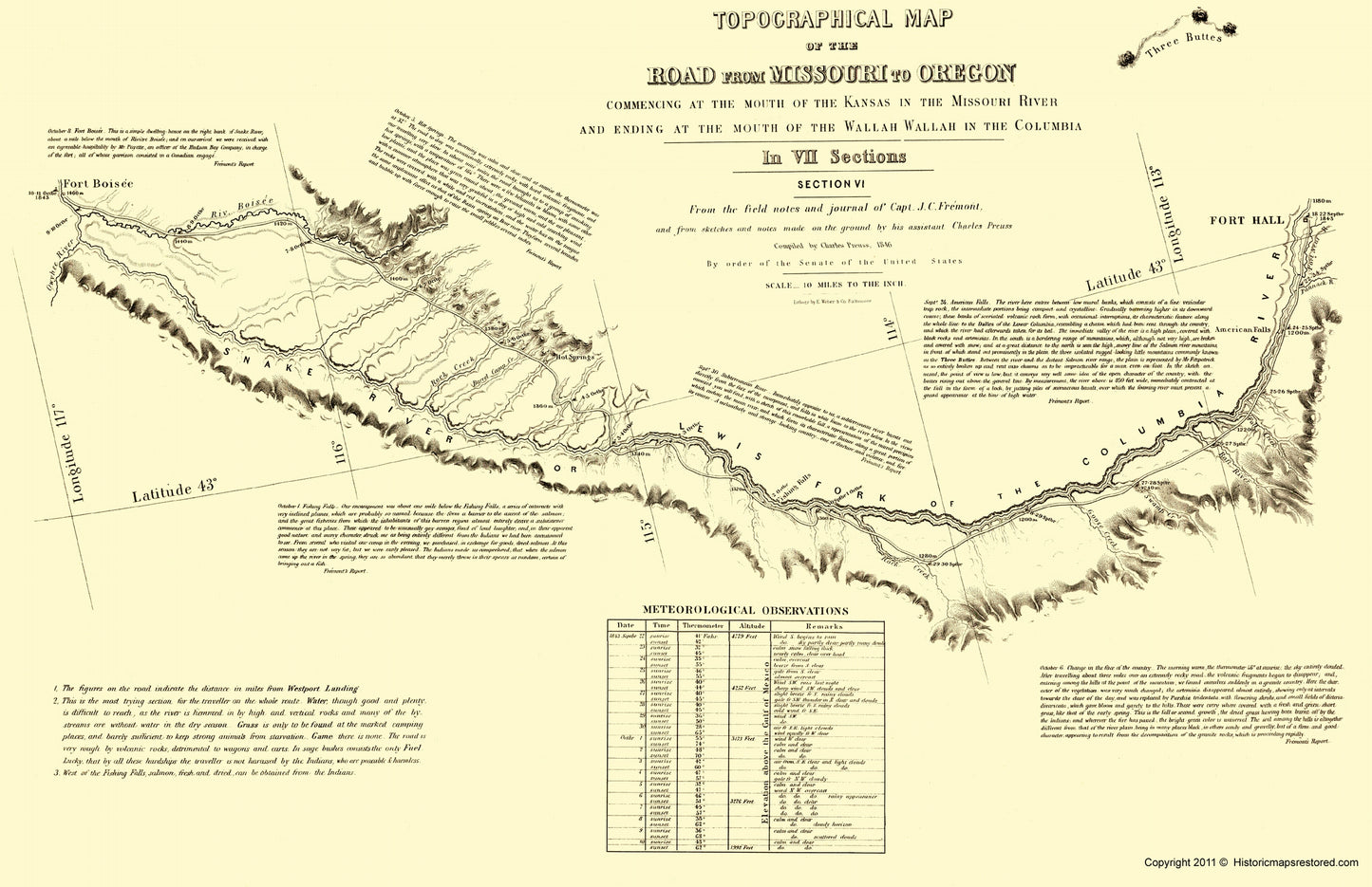 Topographical Map - Oregon Trail Idaho 6 of 7 - Fremont 1846 - 23 x 35.55 - Vintage Wall Art