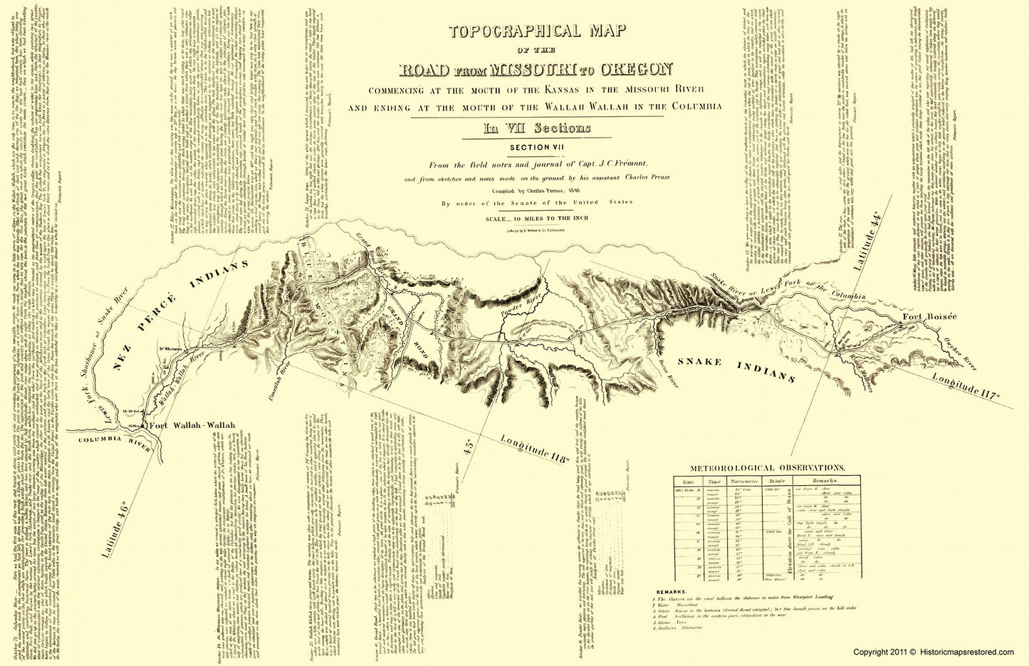 Topographical Map - Oregon Trail Idaho 7 of 7 - Fremont 1846 - 23 x 35.55 - Vintage Wall Art