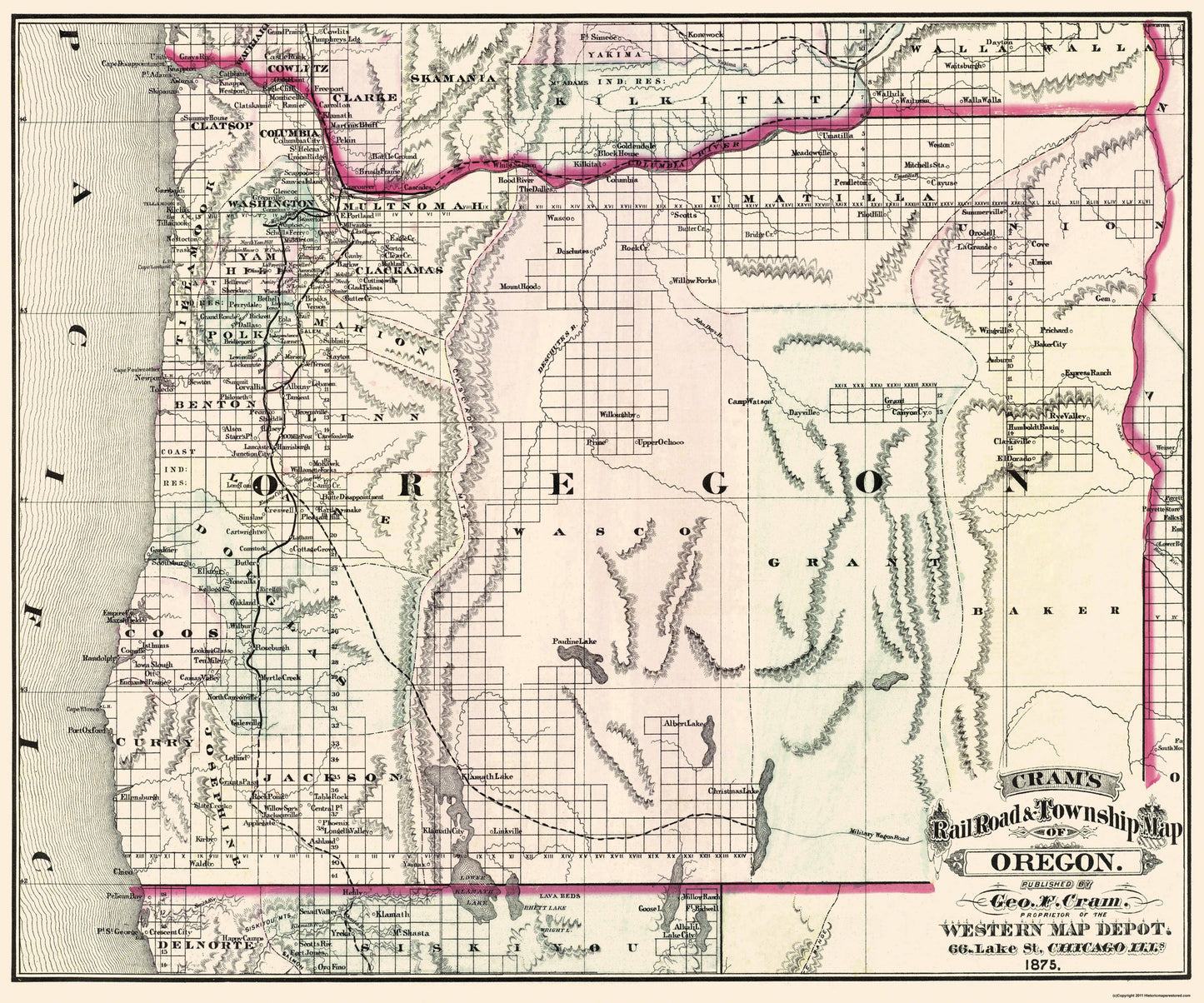 Historic State Map - Oregon - Cram 1875 - 27.63 x 23 - Vintage Wall Art