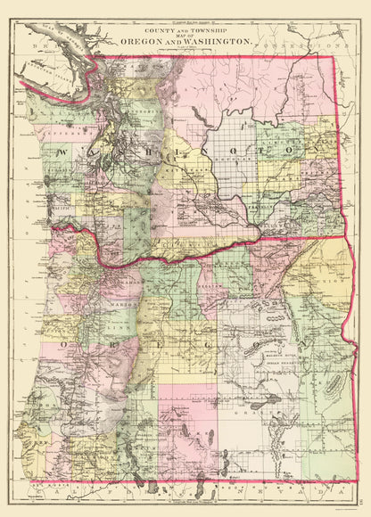 Historic State Map - Oregon Washington - Bradley 1887 - 23 x 32.05 - Vintage Wall Art