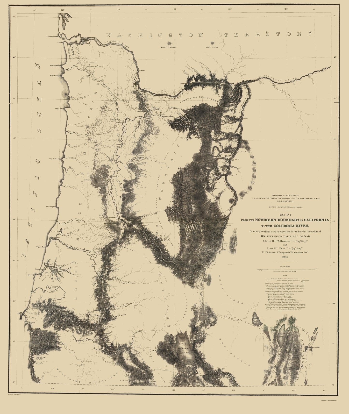 Railroad Map - Proposed Railroad Routes Oregon - War Dept 1855 - 23 x 27.29 - Vintage Wall Art