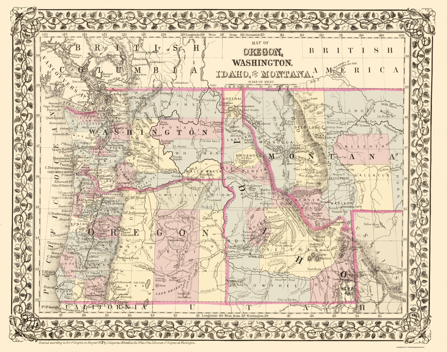 Historic State Map - Oregon Washington Idaho Montana - Campbell 1879 - 23 x 29.14 - Vintage Wall Art