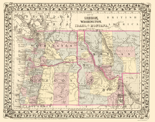 Historic State Map - Oregon Washington Idaho Montana - Campbell 1879 - 23 x 29.14 - Vintage Wall Art