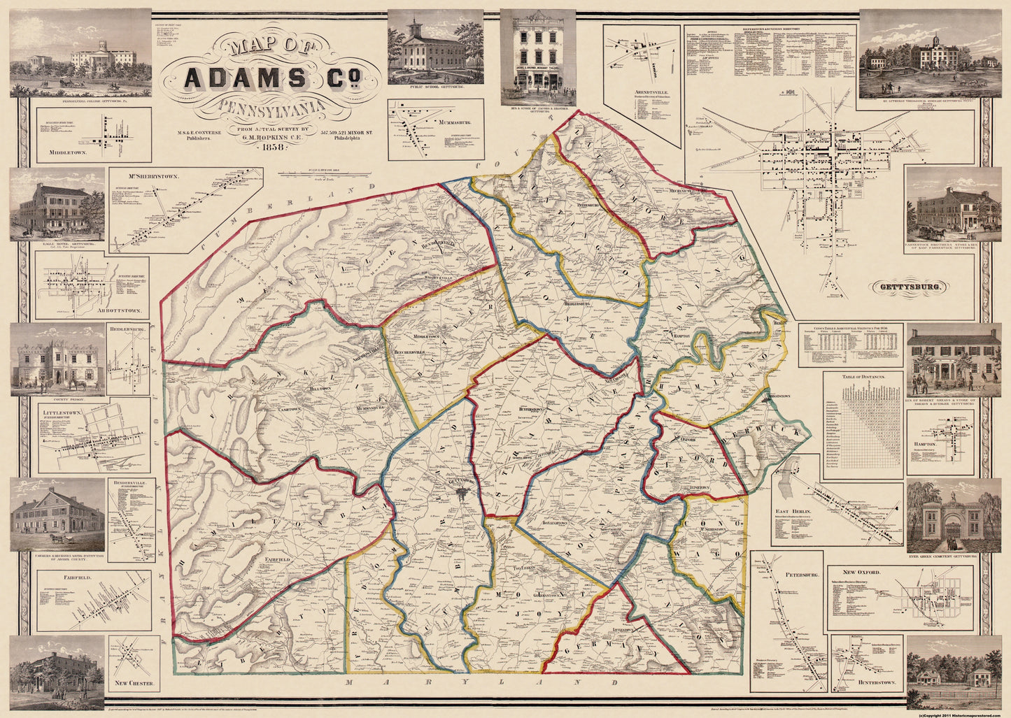 Historic County Map - Adams Pennsylvania County - Hopkins 1857 - 32.38 x 23 - Vintage Wall Art