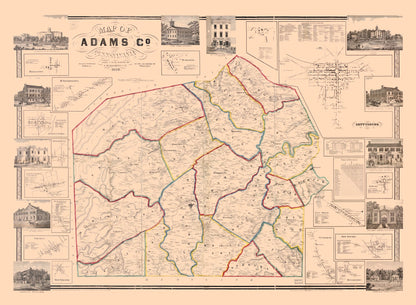 Historic County Map - Adams County Pennsylvania - Hopkins 1858 - 31.39 x 23 - Vintage Wall Art