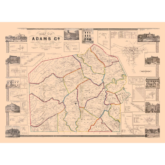 Historic County Map - Adams County Pennsylvania - Hopkins 1858 - 31.39 x 23 - Vintage Wall Art