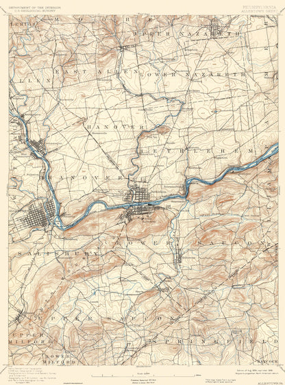 Topographical Map - Allentown Pennsylvania Sheet - USGS 1894 - 23 x 31.06.94 - Vintage Wall Art