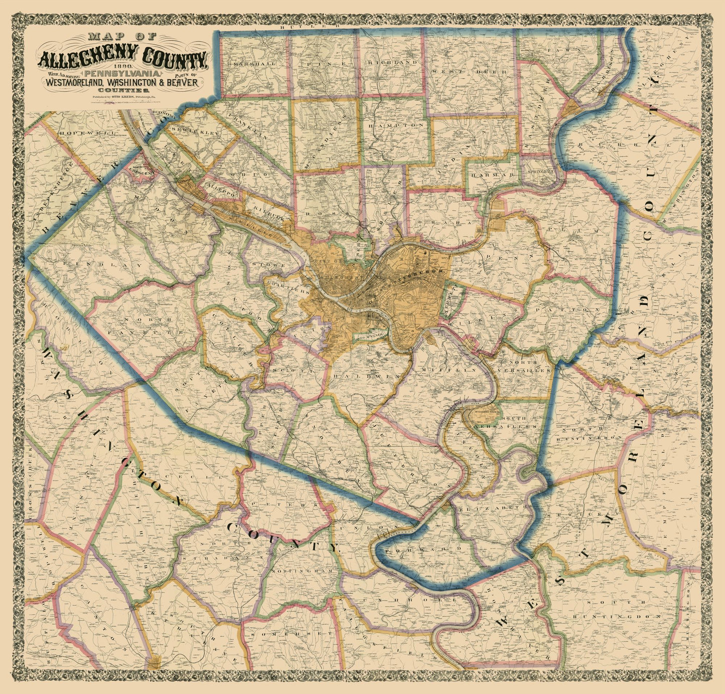 Historic County Map - Alleghany County Pennsylvania - Krebs 1890 - 24.01 x 23 - Vintage Wall Art